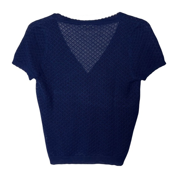ModCloth | Navy Blue Open Knit Short Sleeve Button Up Cardigan, Small - Picture 3 of 7